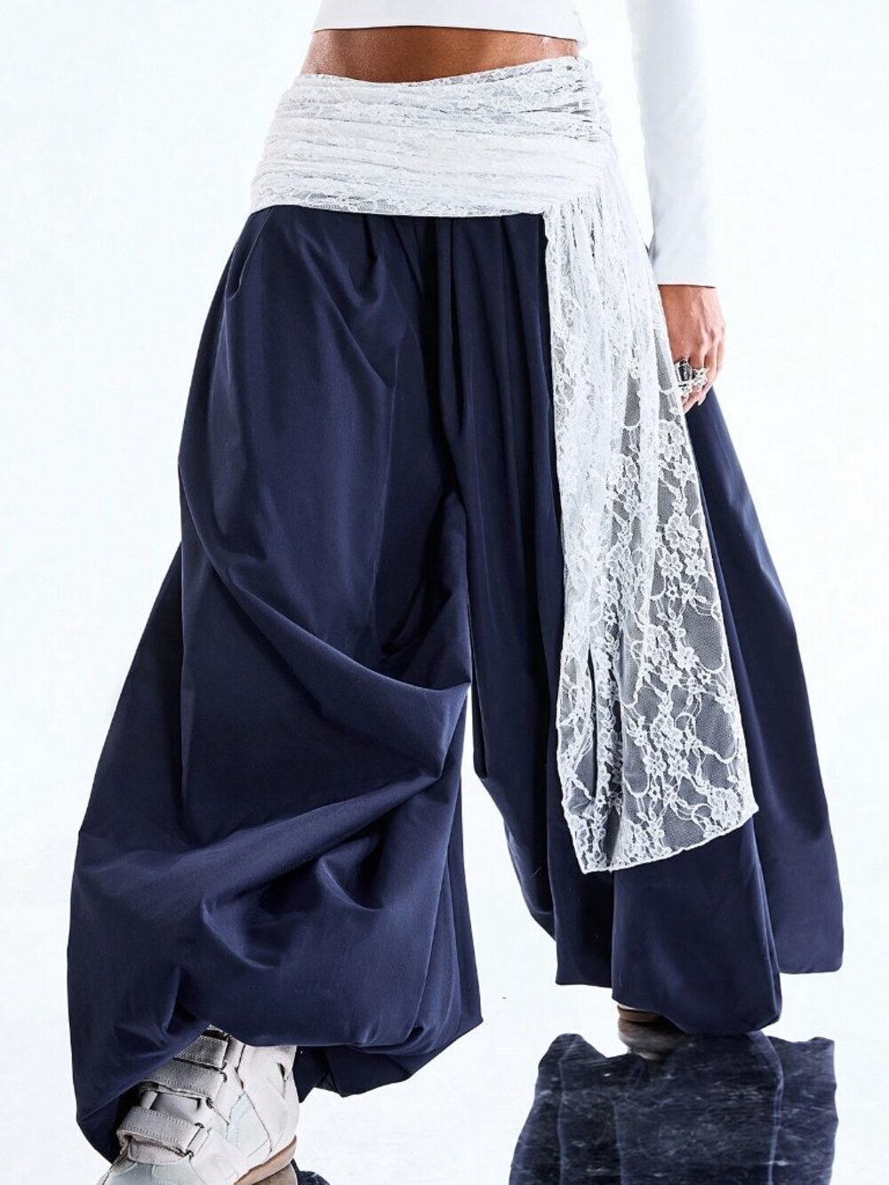 Navy Blue Casual Women's Street Lace Contrast Loose Lantern Pants